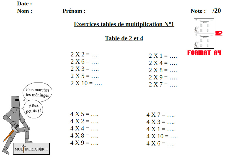 Exercices de tables de multiplication à imprimer